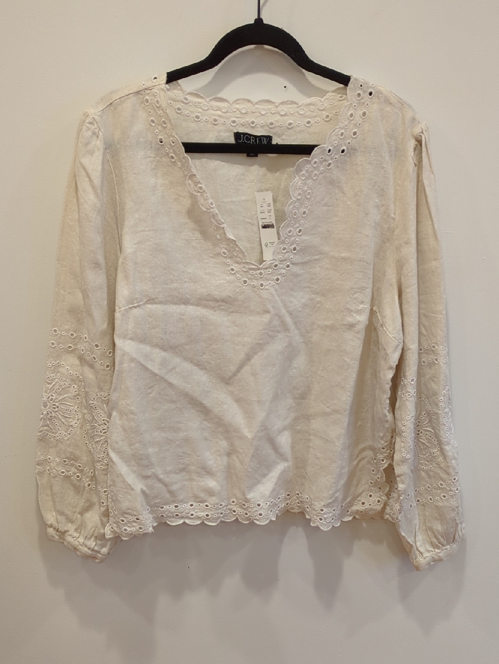 J Crew Linen Bungalow Blouse NWT Cream With White Embroidery Long Sleeves L Boho